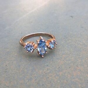 Sterling Aquamarine Triple Stone Vintage Ring Gold Plate 7.5